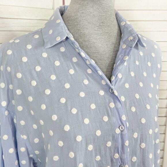 Zara Gauze Embroidered Polka Dot Button Up Shirt Blue White Large - Picture 5 of 12